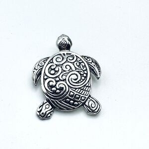 Silver Tone Metal Sea Turtle Brooch Pin / Pendant - Scroll Design